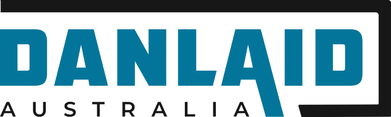 Logo with the word "DANLAID" in large blue capital letters, and "AUSTRALIA" in smaller black letters underneath, all on a white background with a black border on top and right side.
