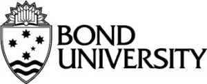 Bond University logo featuring a shield with stars, waves, and an open book above it, alongside the words “Bond University” in bold, uppercase letters.