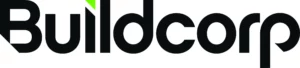 Buildcorp logo in bold black letters with a small green triangle shape above the “i.”.