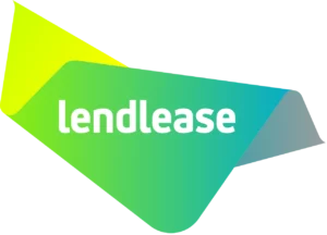 Lendlease logo with white text on a folded, ribbon-like shape transitioning from yellow and green to blue.