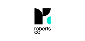Black geometric shapes and a turquoise semicircle form an abstract “R” above the text “roberts co” in lowercase, all on a white background.
