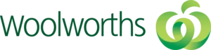 Woolworths logo with green text spelling “Woolworths” next to a green stylized abstract symbol resembling a piece of fruit or a “W.”.