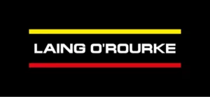 Laing O’Rourke logo with white text on a black background, bordered by a yellow line above and a red line below.