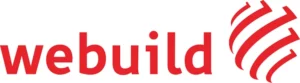 The image shows the word “webuild” in red lowercase letters next to a red globe-like swirl logo, all on a white background.