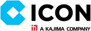 ICON logo with a blue geometric shape on the left, bold black “ICON” text, and smaller red and black text below reading “in A KAJIMA COMPANY.”.