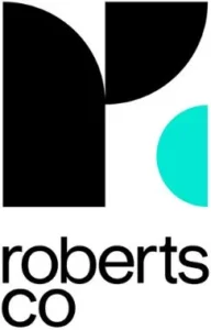 Roberts Co logo featuring black geometric shapes forming an abstract “R” and a turquoise quarter circle, with “roberts co” written in lowercase black letters below.